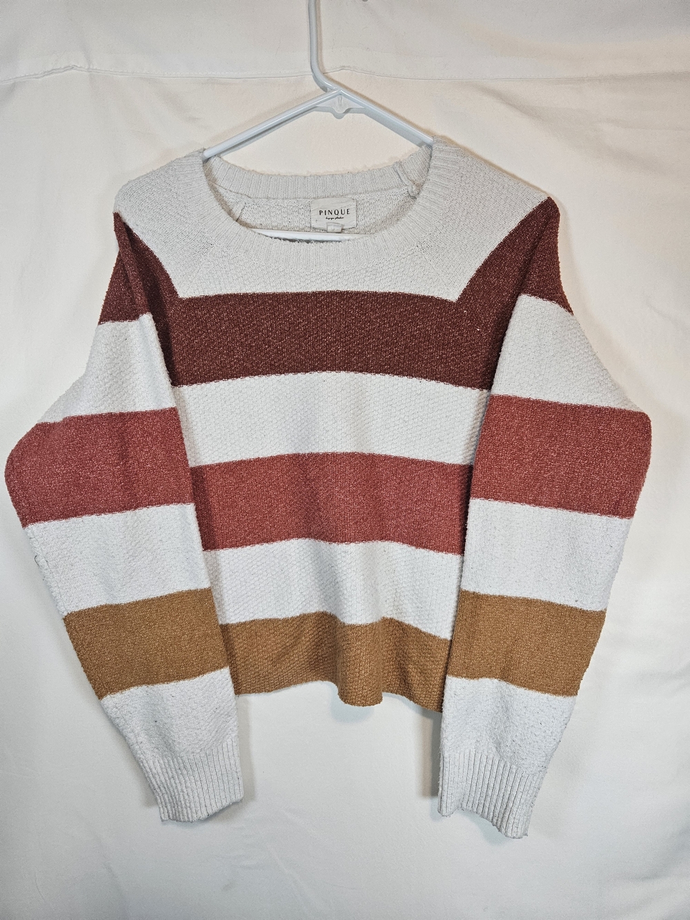 PINQUE Striped Crewneck Sweater in White, Rust & Tan